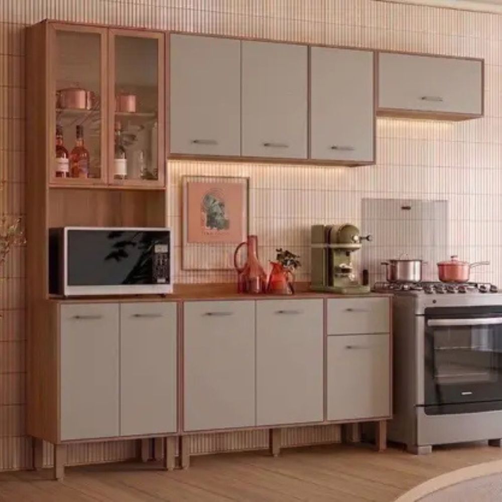 Cozinha Completa Modulada com Vidro Reflecta 4 Peças Paolla Cinza/Ipe/Fendy - Nicioli