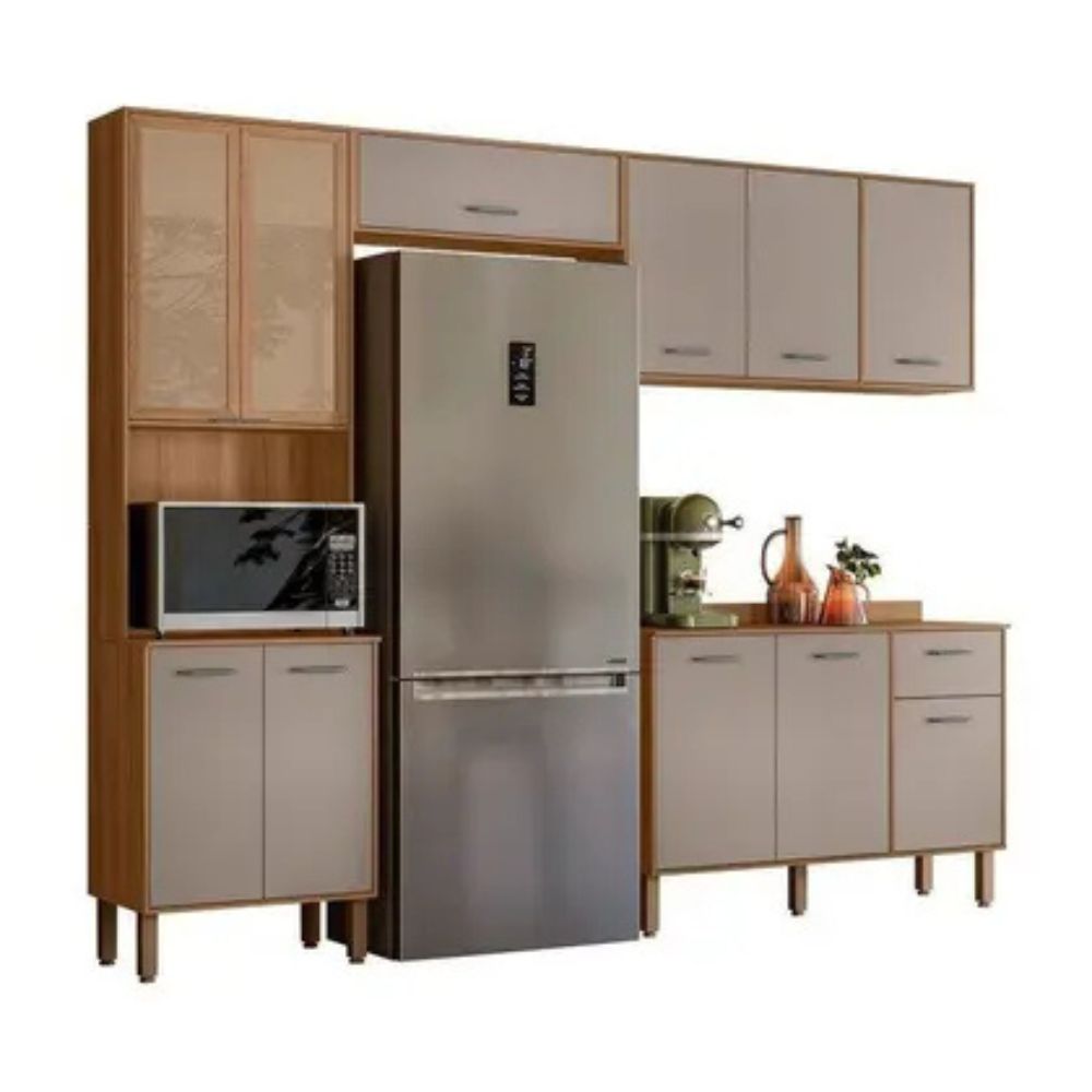 Cozinha Completa Modulada com Vidro Reflecta 4 Peças Paolla Cinza/Ipe/Fendy - Nicioli