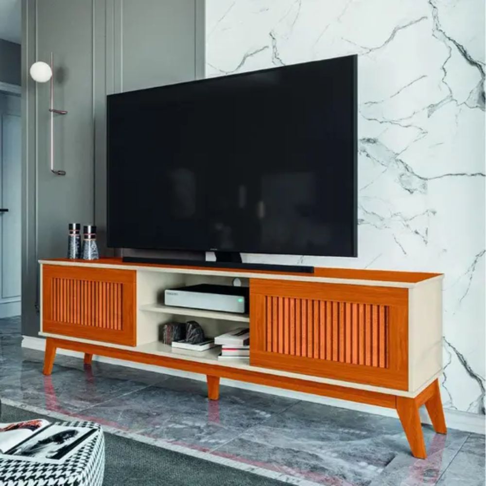 Rack EDN King 2 Portas Deslizantes Off White/Cedro