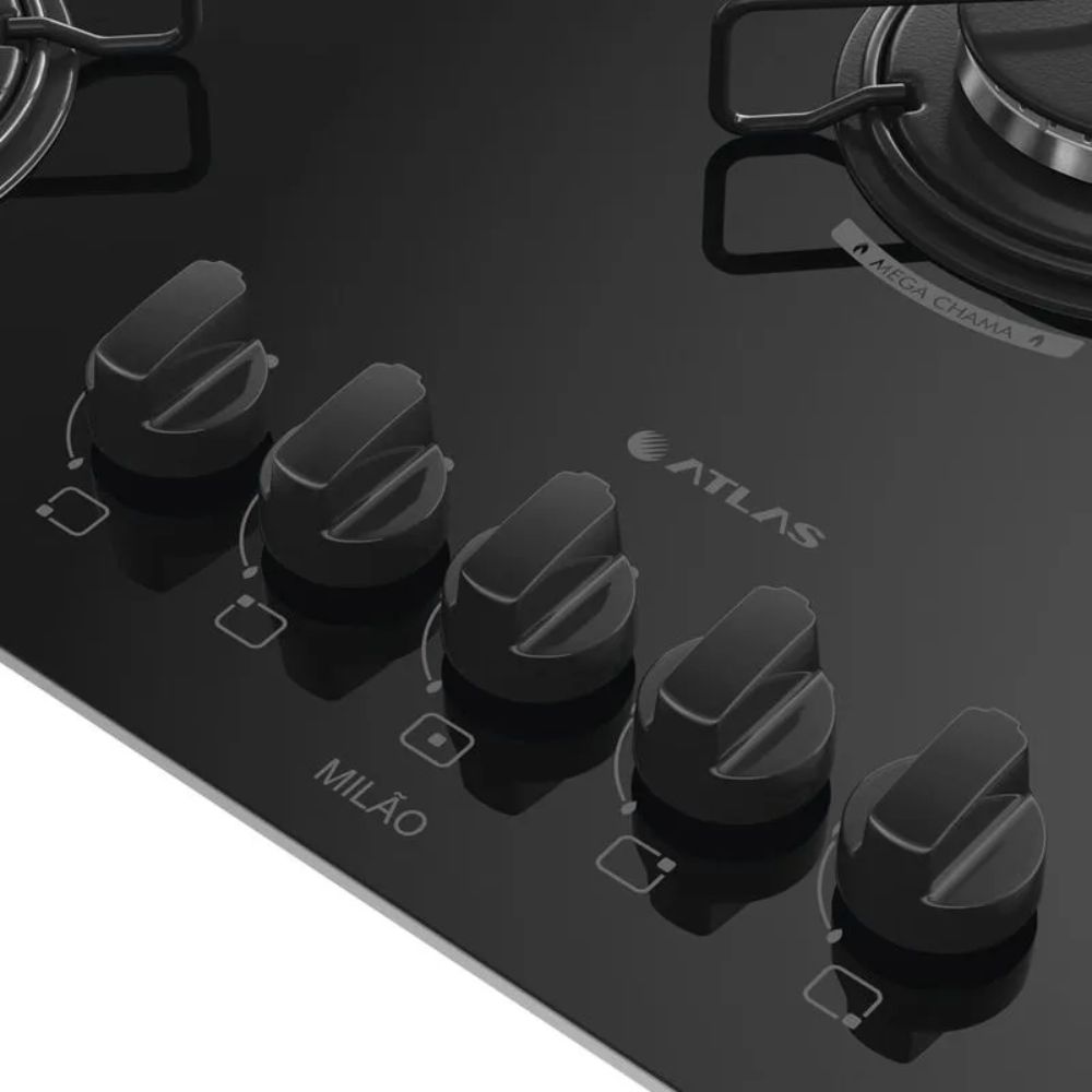 Cooktop 5 Bocas Atlas Milão com Mesa de Vidro Preto Bivolt