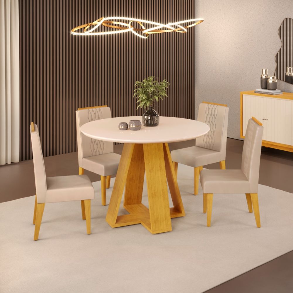 Mesa DJ Celeste Cedro/Off White Com 4 Cadeiras Lia Cedro/Veludo Kraft