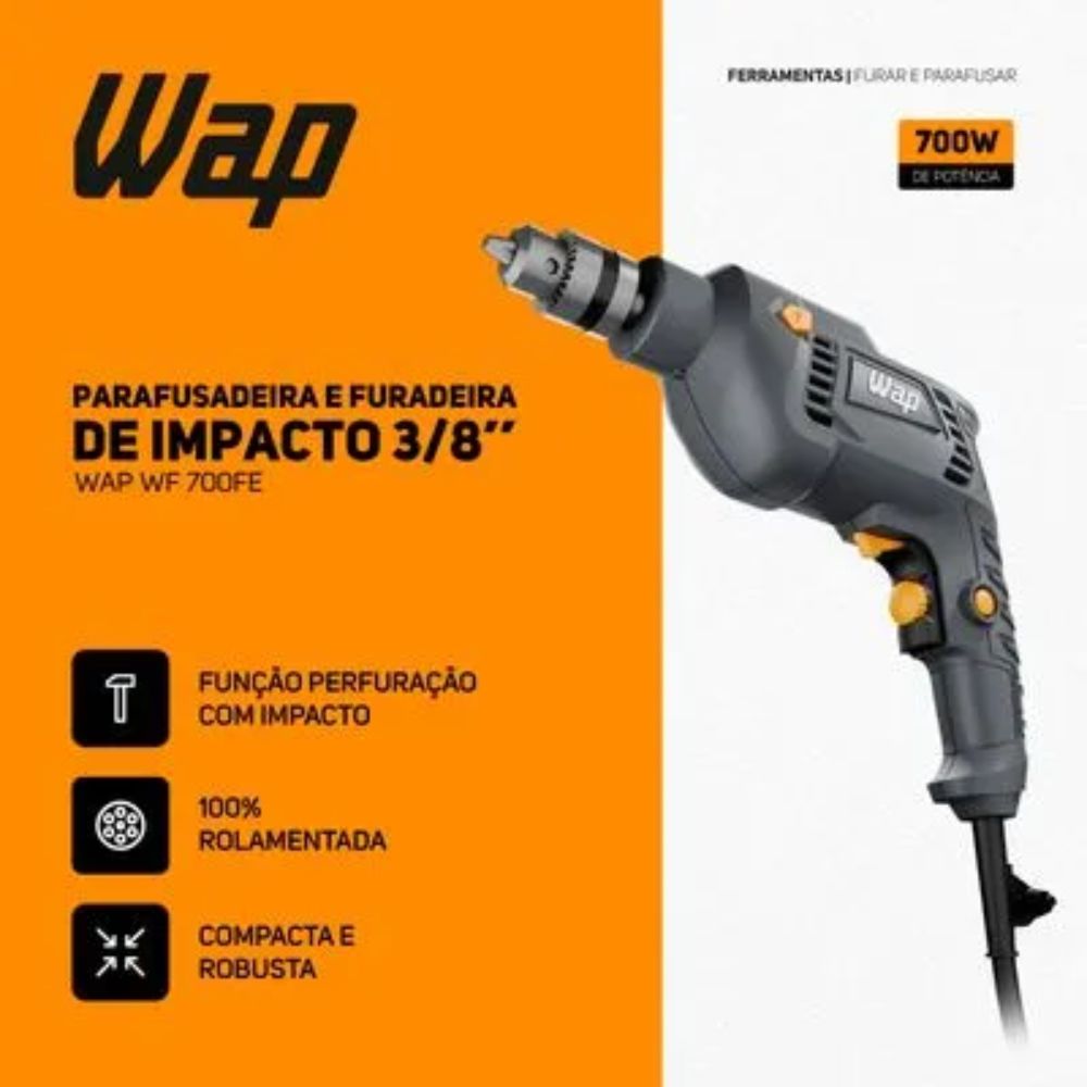 Furadeira e Parafusadeira de Impacto Wap 3/8" WF700FE
