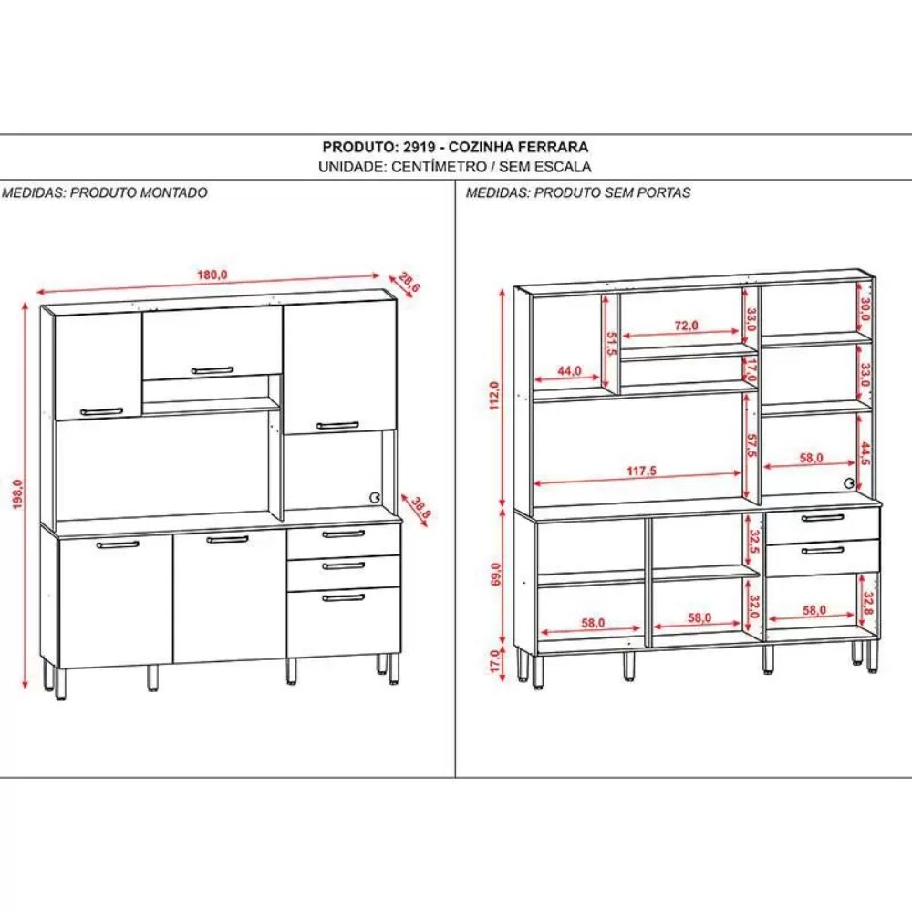 Cozinha Ferrara 6 Portas e 2 Gavetas Freijó Vanilla Kits Paraná