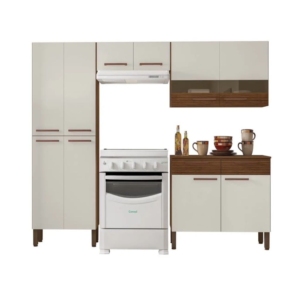 Cozinha Kits Paraná Nala com Balcão 8930 Nogal/Off White Ripado