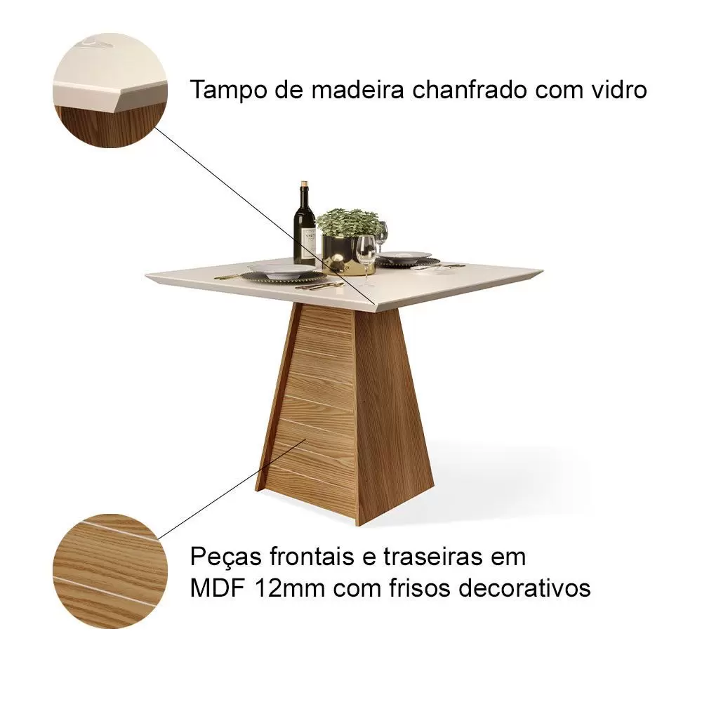 Mesa de Jantar DJ Fler com Vidro Nobre/Off White com 4 Cadeiras Lia Carvalho/Veludo Kraft