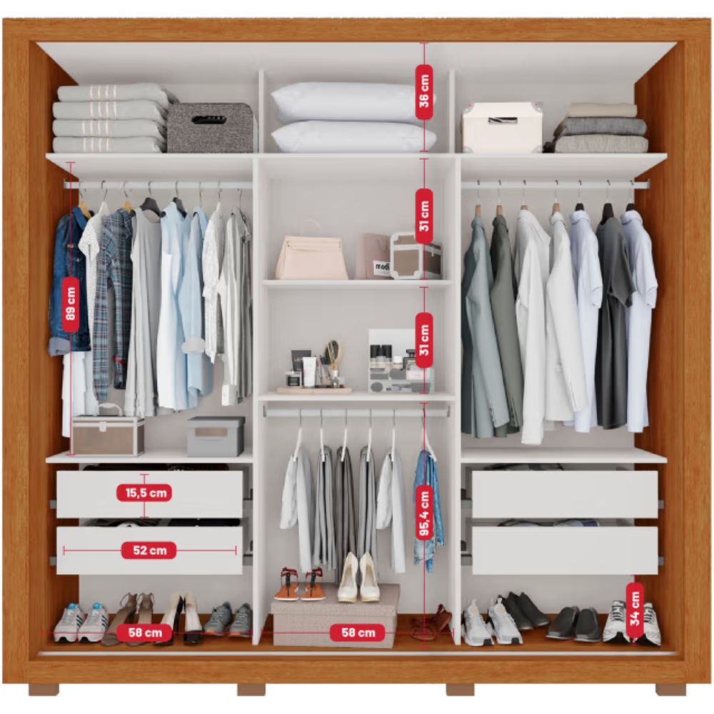 Guarda-Roupa com Espelho Panamá 3 Portas e 4 Gavetas Cinamomo Off White - Sallêto