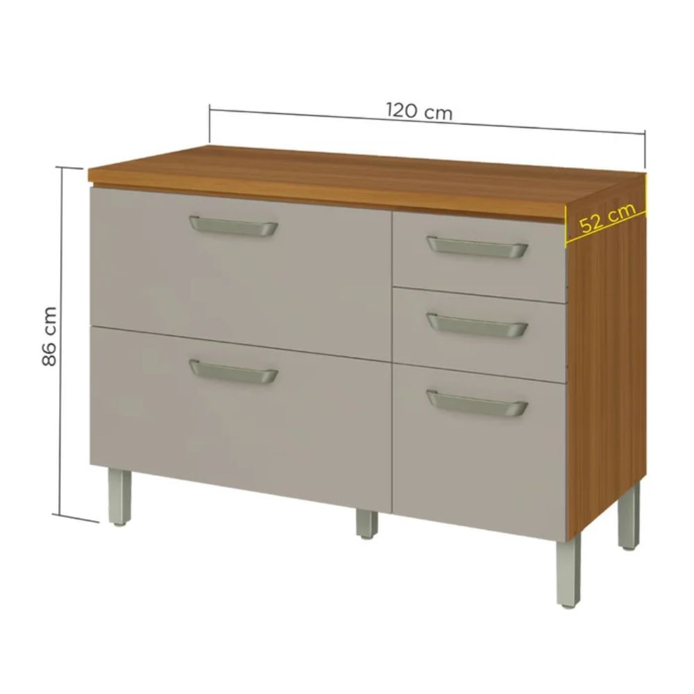 Balcão Nesher Princesa 2 Portas 3 Gavetas 120cm Freijó/Off White