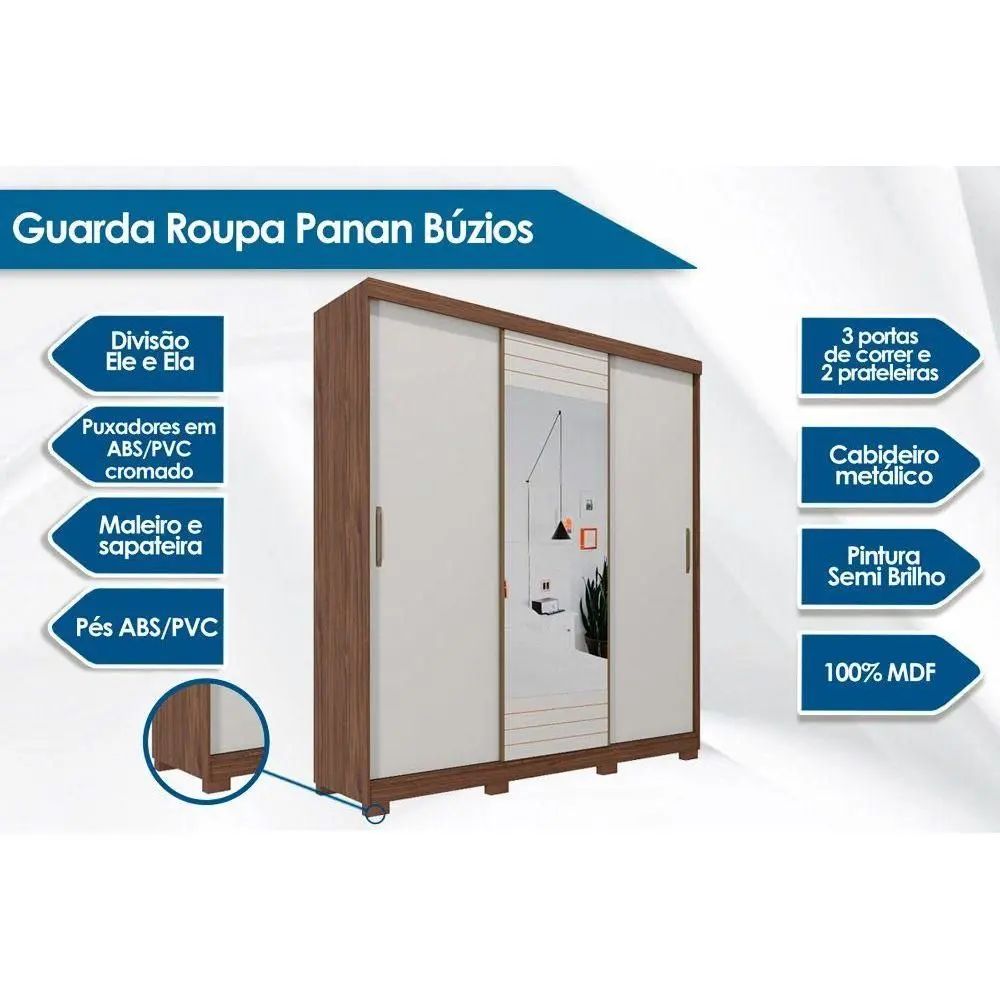 Guarda Roupa Panan Buzios Slide Glass 3 Portas Cacau