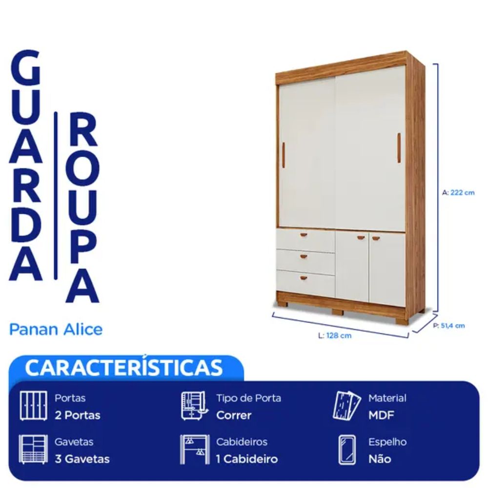 Guarda Roupa Panan Alice 2 Portas 3 Gavetas Cinamomo/Off White