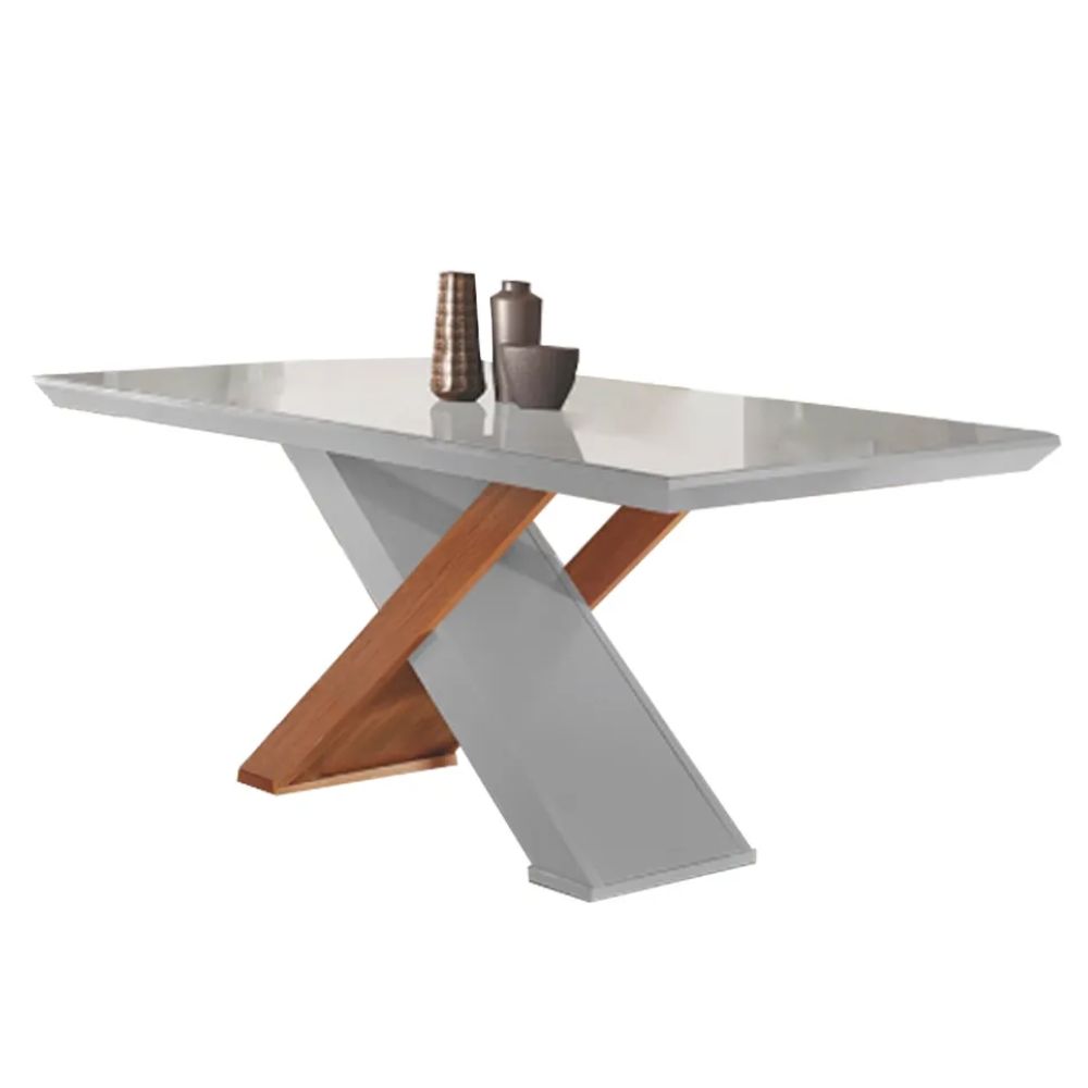 Mesa Rufato Imperatriz 180 com Tampo de Vidro 6 Cadeiras Off White/Imbuia