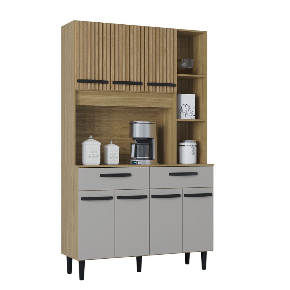 Armário de Cozinha Poquema Malu 7 Portas Damasco Ripado/Off White