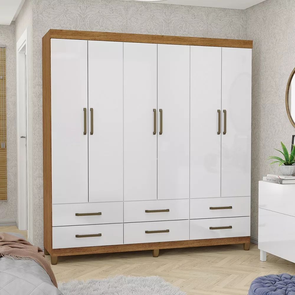 Guarda Roupa Recife Casal 6 Portas 2 Gavetas Carioca Cinamomo/Branco