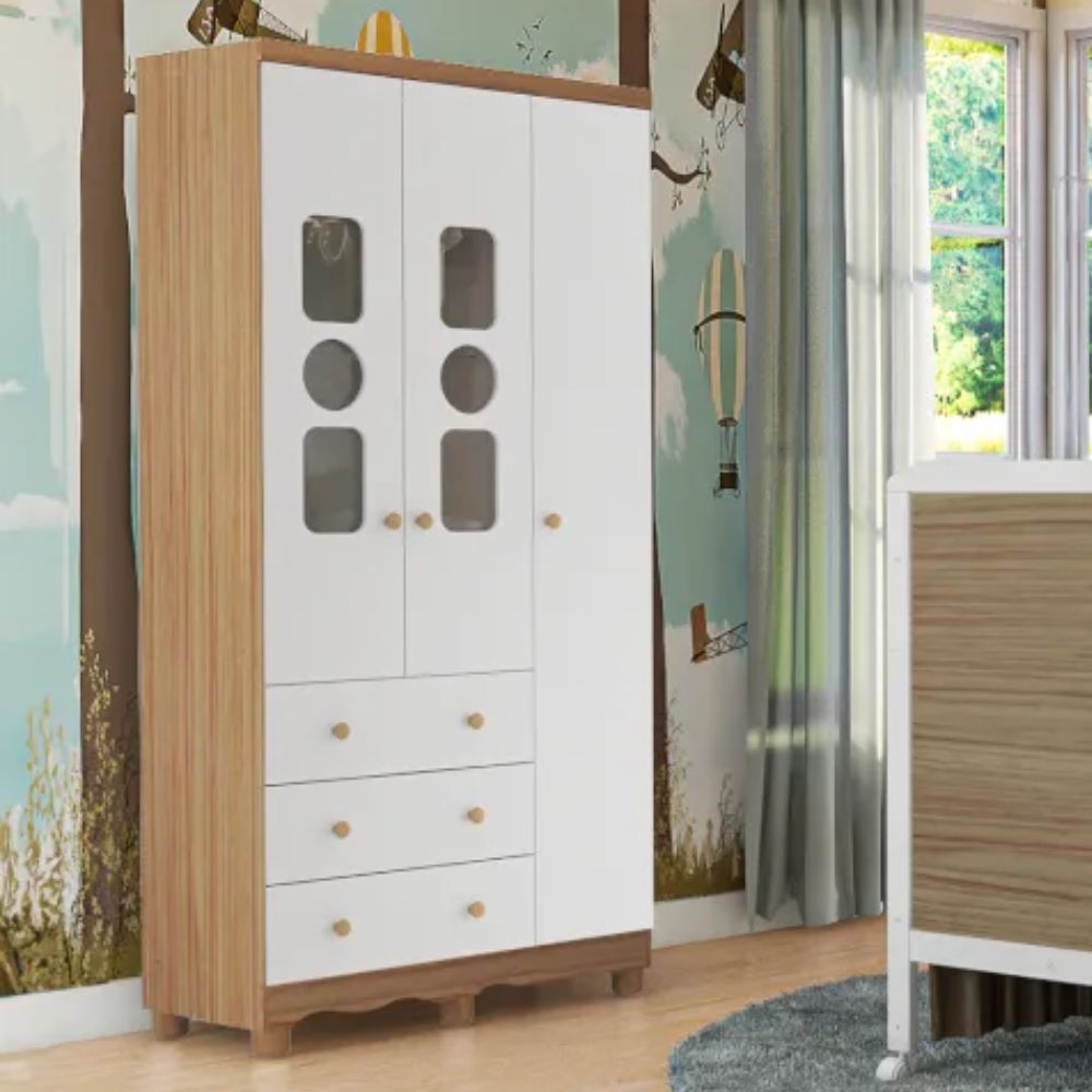 Guarda-Roupas Peroba Tedy 3 Portas e 3 Gavetas Branco/Amêndoa