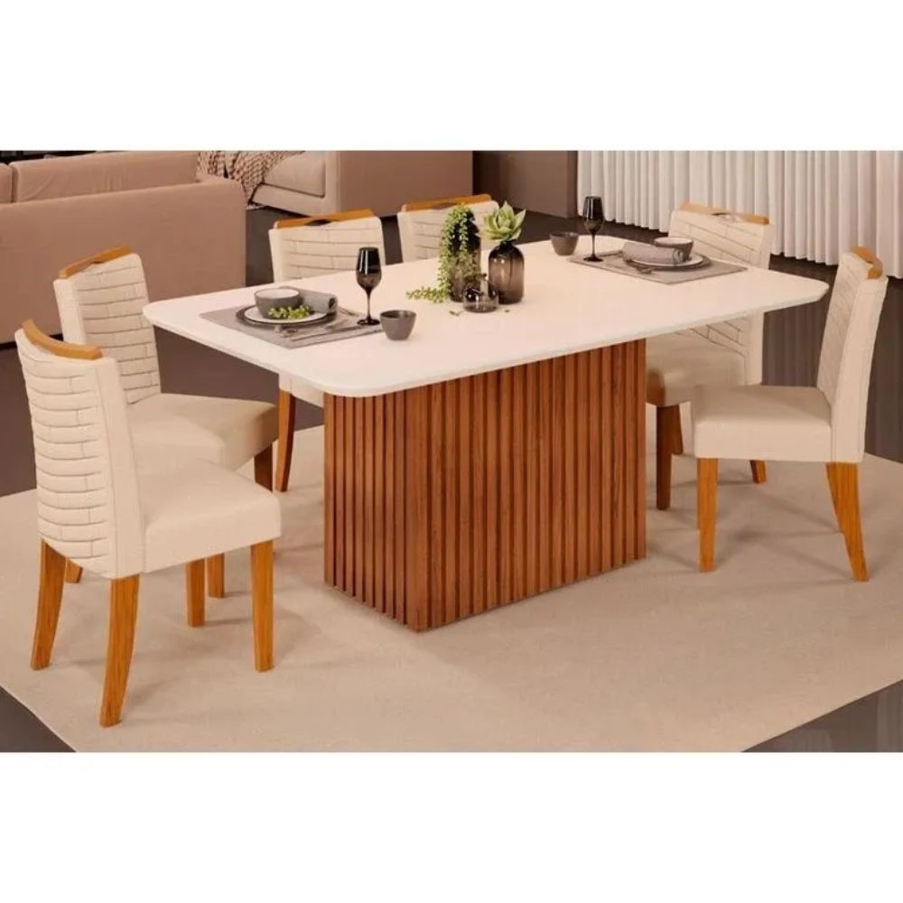 Mesa Sala Jantar Canes Tampo chanfrado c/ Vidro Curvo 170x90cm e 6 Cadeiras Julia Freijo/Off White - Linho Neve - DJ Móveis