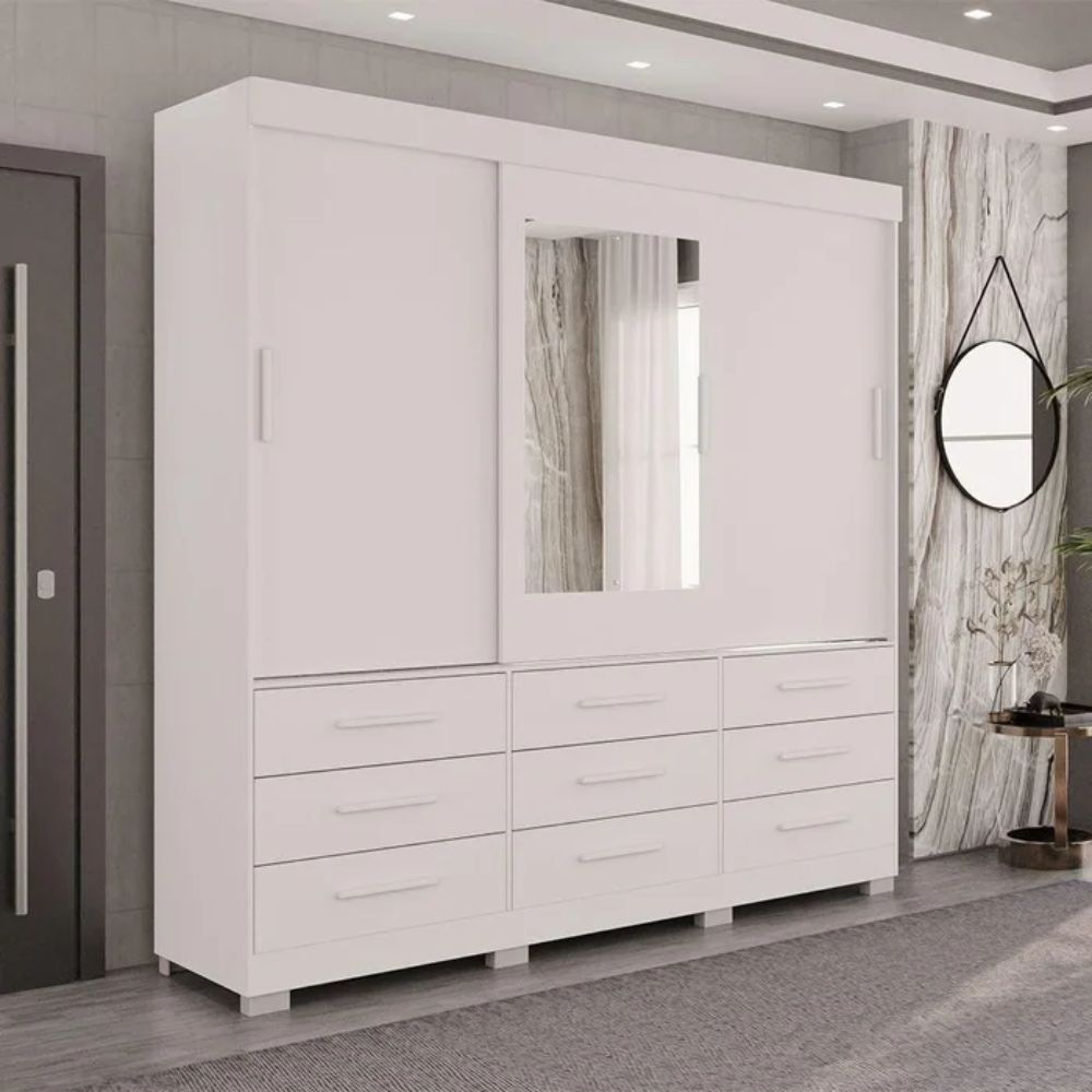 Guarda Roupa New Star 3 Portas 9 Gavetas com Espelho Salleto Branco