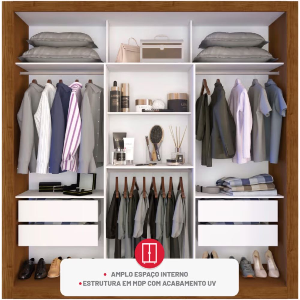 Guarda-Roupa com Espelho Panamá 3 Portas e 4 Gavetas Cinamomo Off White - Sallêto