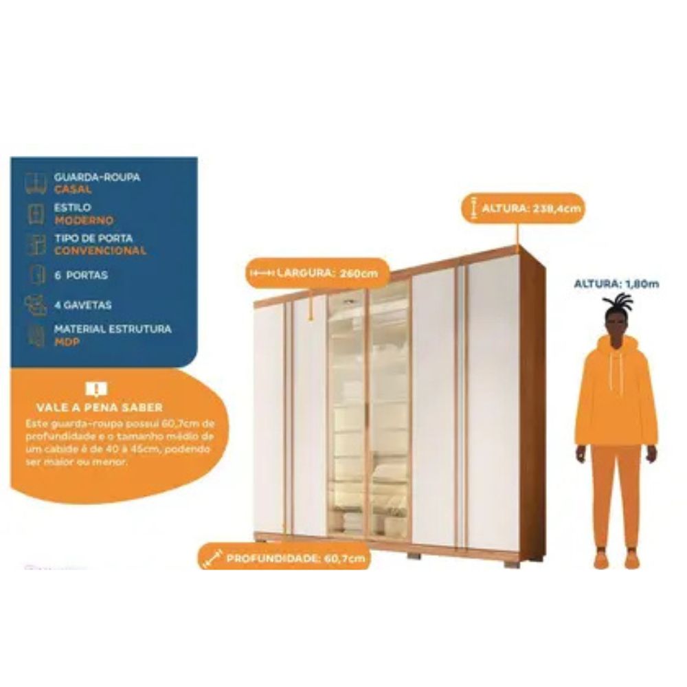Guarda-roupa Casal 4 Gavetas 6 Portas Caemmun Acacius