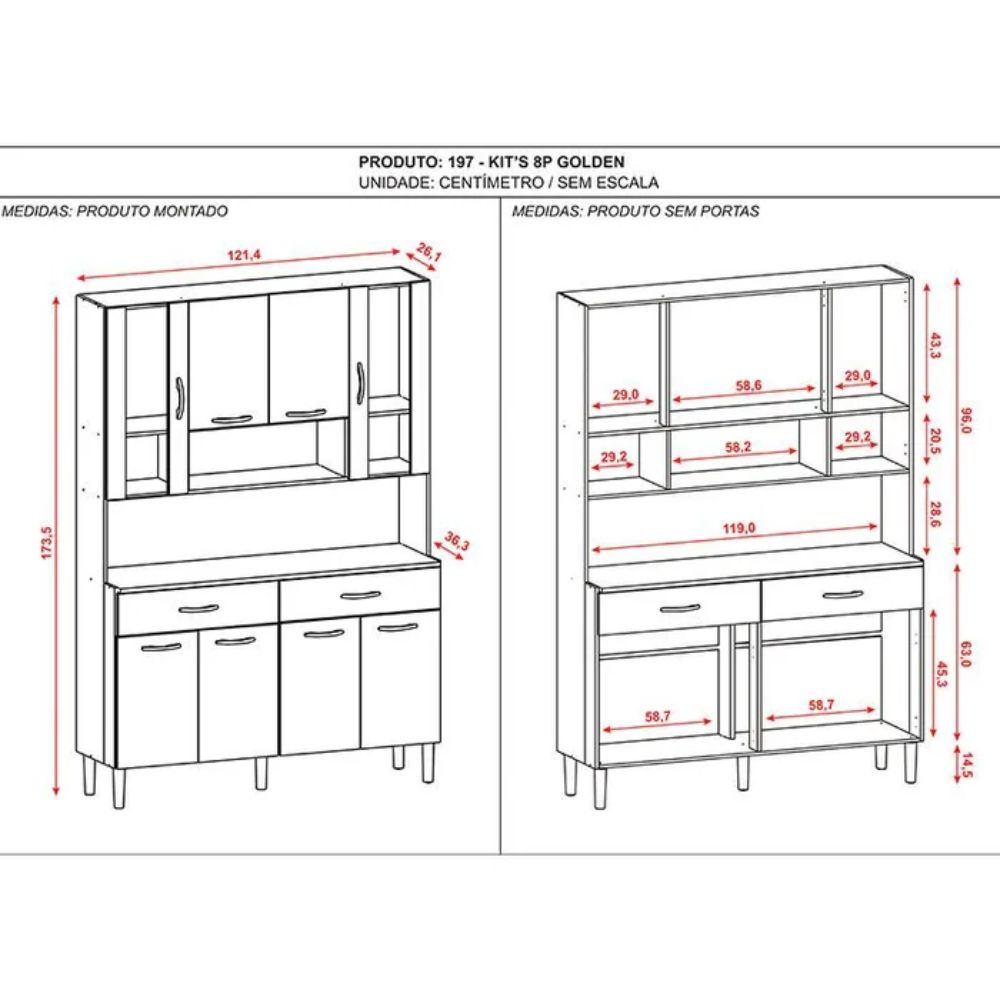 Armário de Cozinha Kits Paraná Golden 8 Portas 8978 Freijo/Supremo/Ripado Freijó
