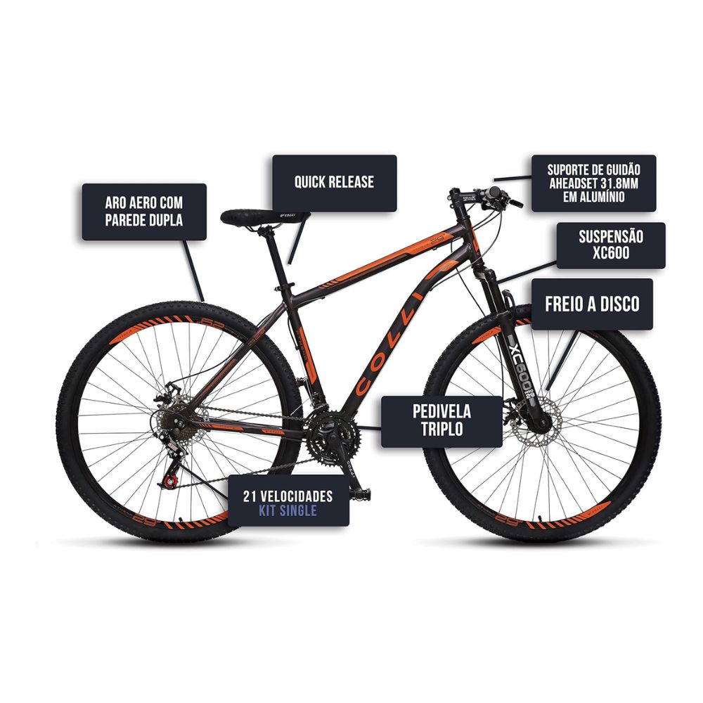 Bicicleta Colli Athena Preto Fosco e Laranja Neon Aro 29 Freios a Disco 21M