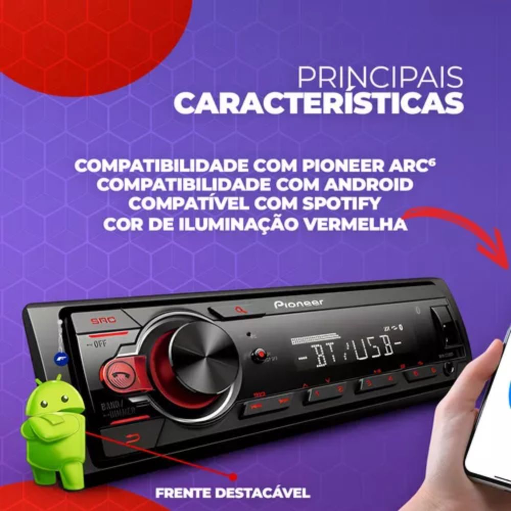 Aperelho De Som Pioneer Mp3 AM/FM/BT/USB/AUX MVH-S218BT
