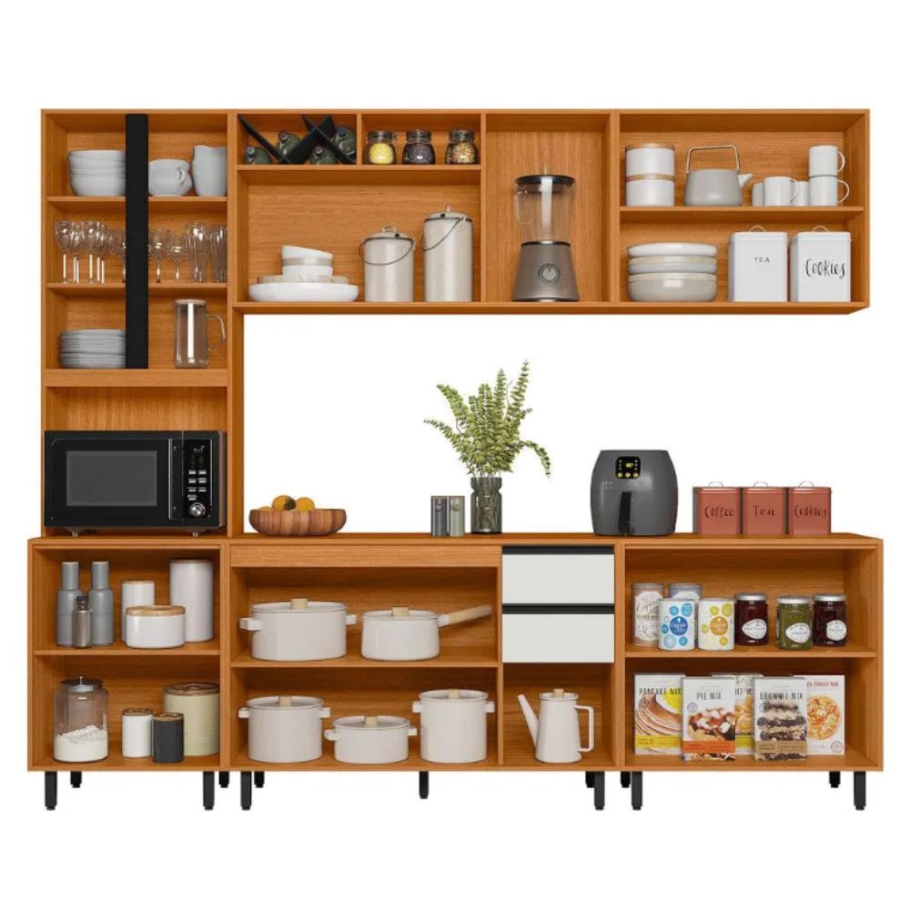 Cozinha Modulada Poliman Ravena 5 Peças Gavetas Freijó Ripado / Off White Acetinado