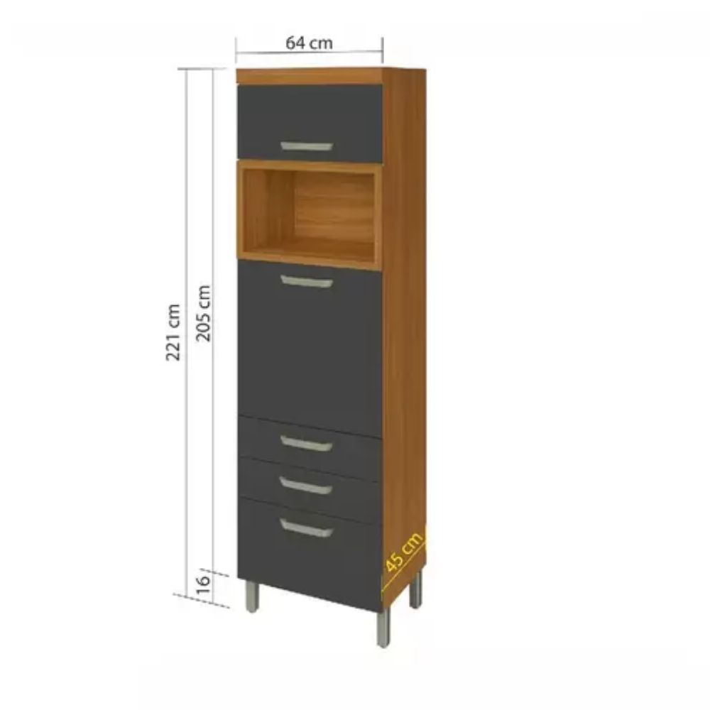 Paneleiro 2 Portas 3 Gavetas Nesher Princesa 64cm MDF Freijó/Grafite