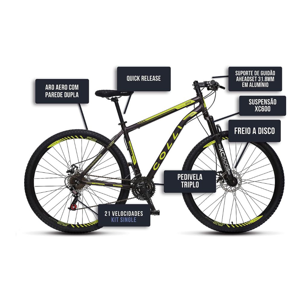 Bicicleta Colli Athena Preto Fosco e Amarelo Neon Aro 29 Freios a Disco 21M