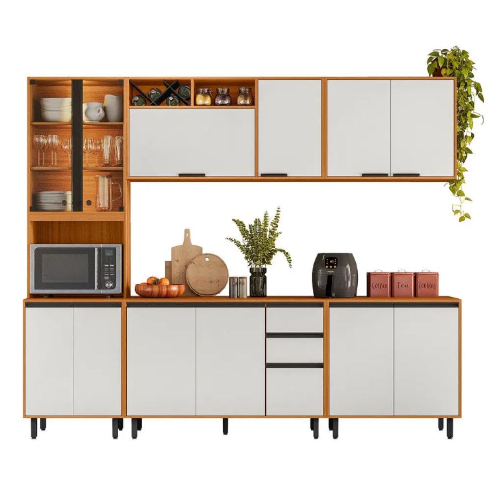 Cozinha Modulada Poliman Ravena 5 Peças Gavetas Freijó Ripado / Off White Acetinado