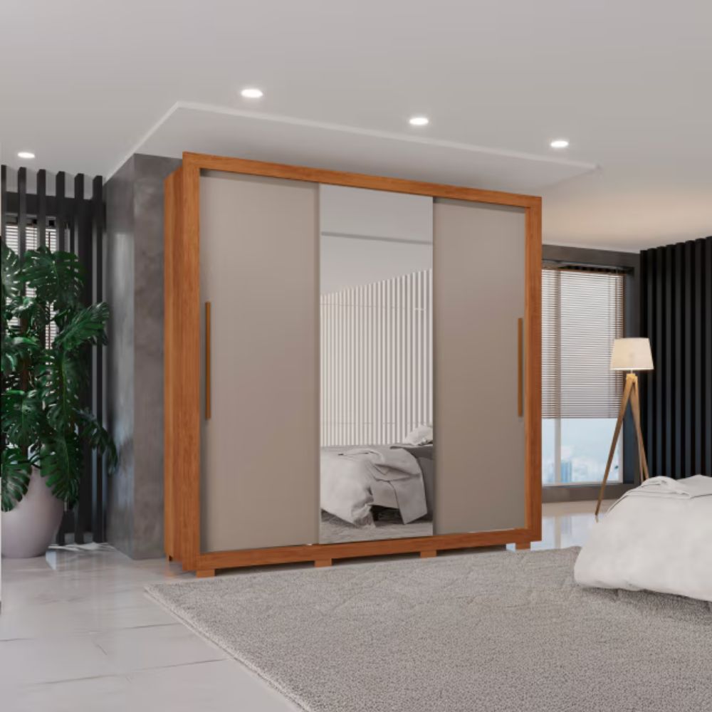 Guarda-Roupa com Espelho Panamá 3 Portas e 4 Gavetas Cinamomo Off White - Sallêto