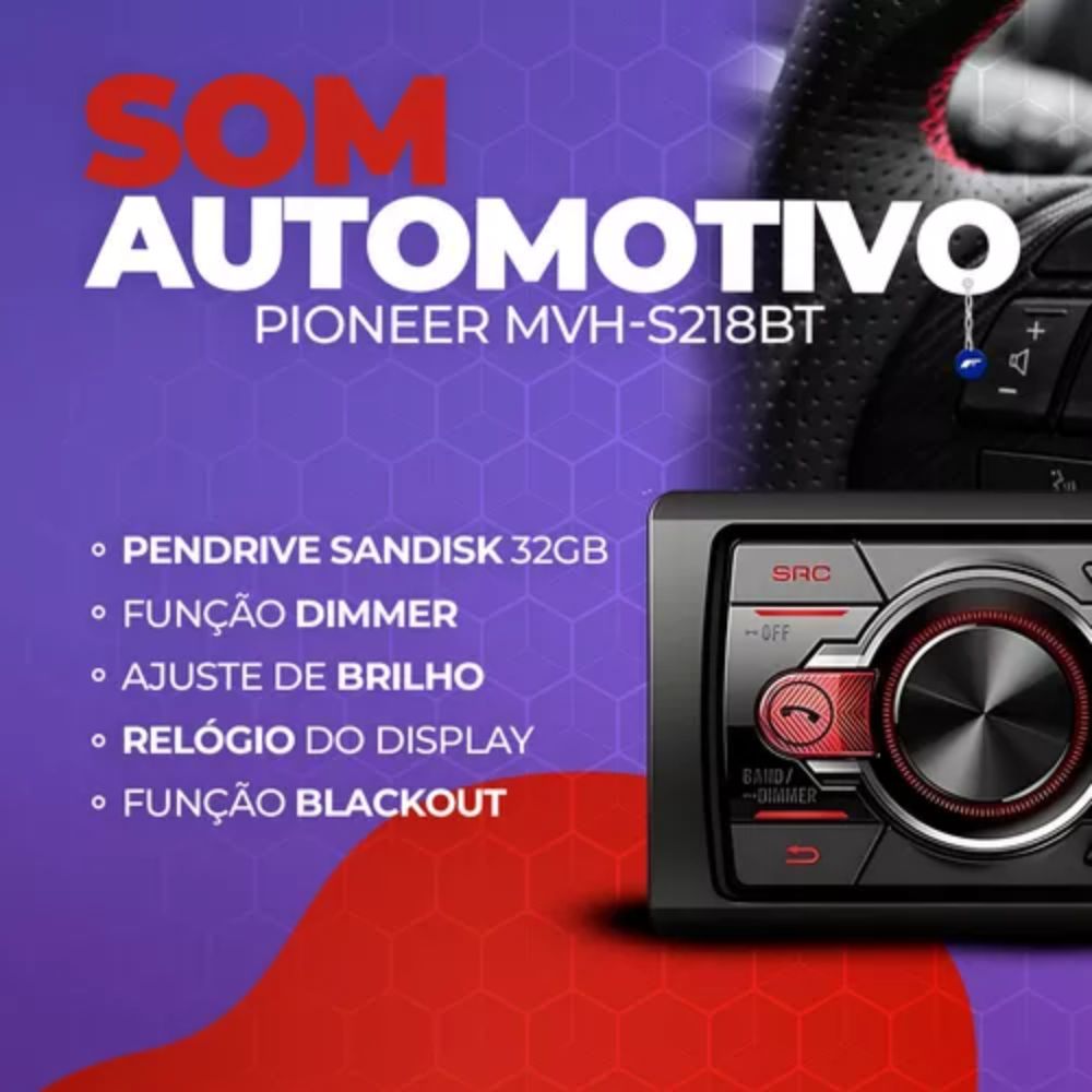 Aperelho De Som Pioneer Mp3 AM/FM/BT/USB/AUX MVH-S218BT