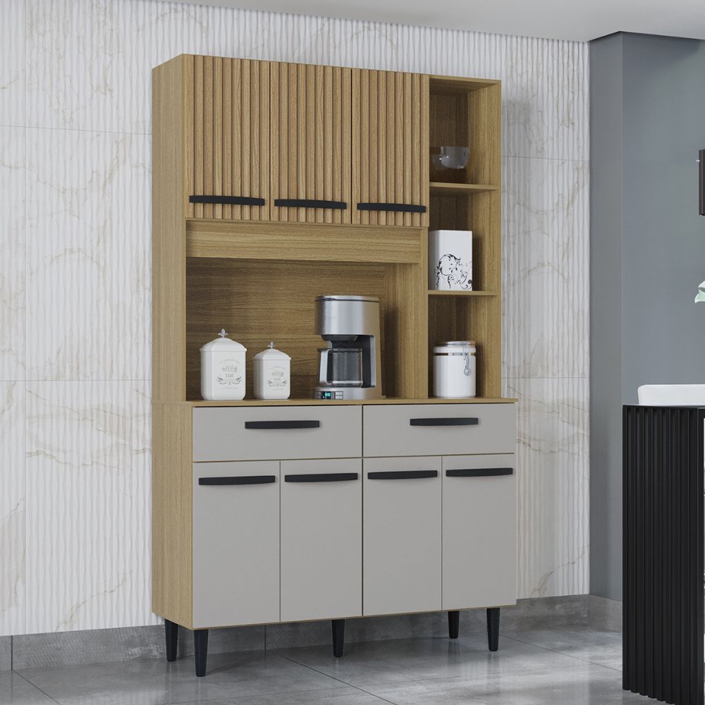 Armário de Cozinha Poquema Malu 7 Portas Damasco Ripado/Off White