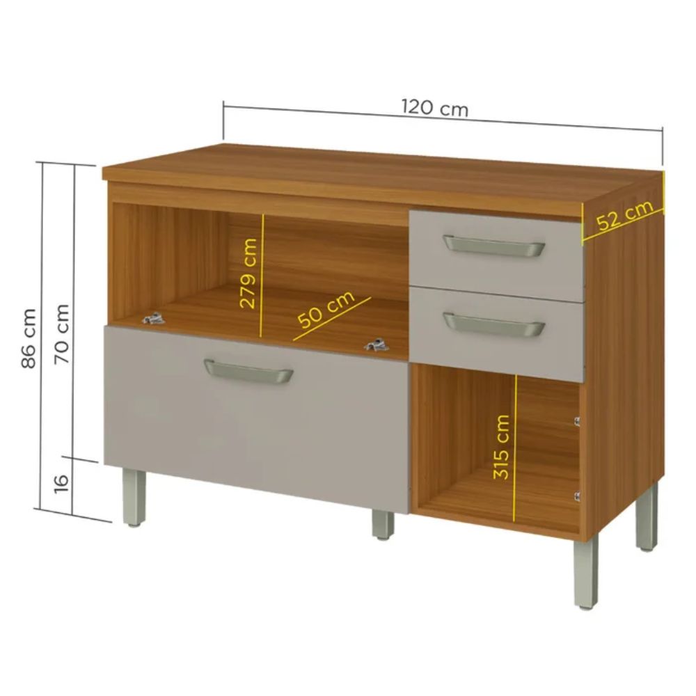 Balcão Nesher Princesa 2 Portas 3 Gavetas 120cm Freijó/Off White