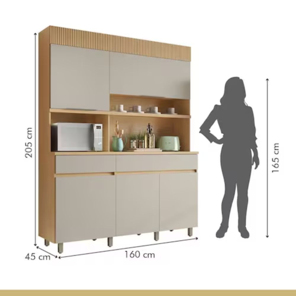 Cozinha Compacta Nesher Realeza 5 Portas 2 Gavetas 160cm Carvalho/Grigio