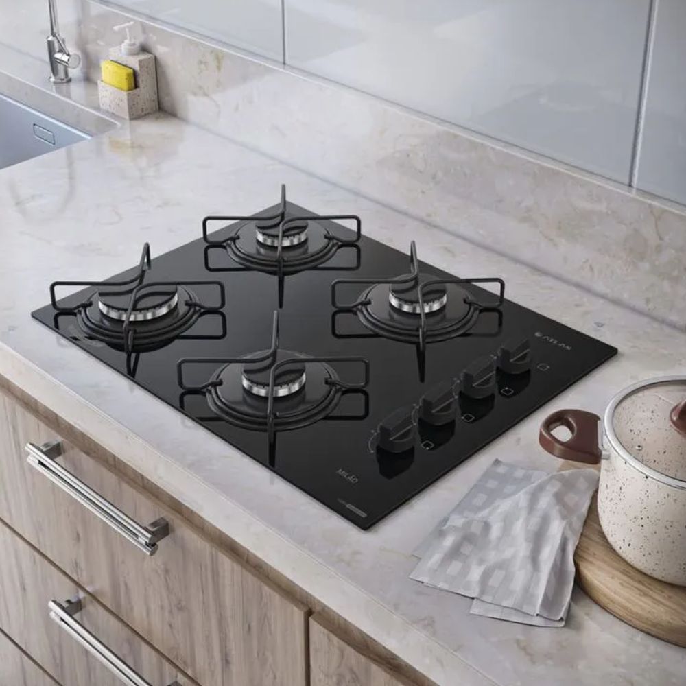 Cooktop 4 Bocas Atlas Milão com Mesa de Vidro Preto Bivolt