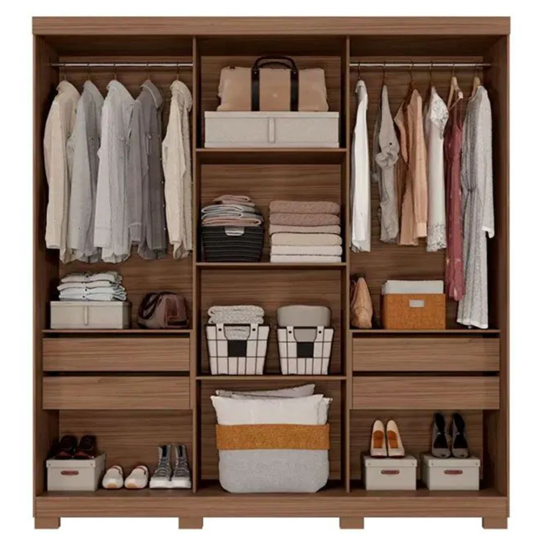 Guarda Roupa Panan Buzios Slide Glass 3 Portas Cacau/Off White