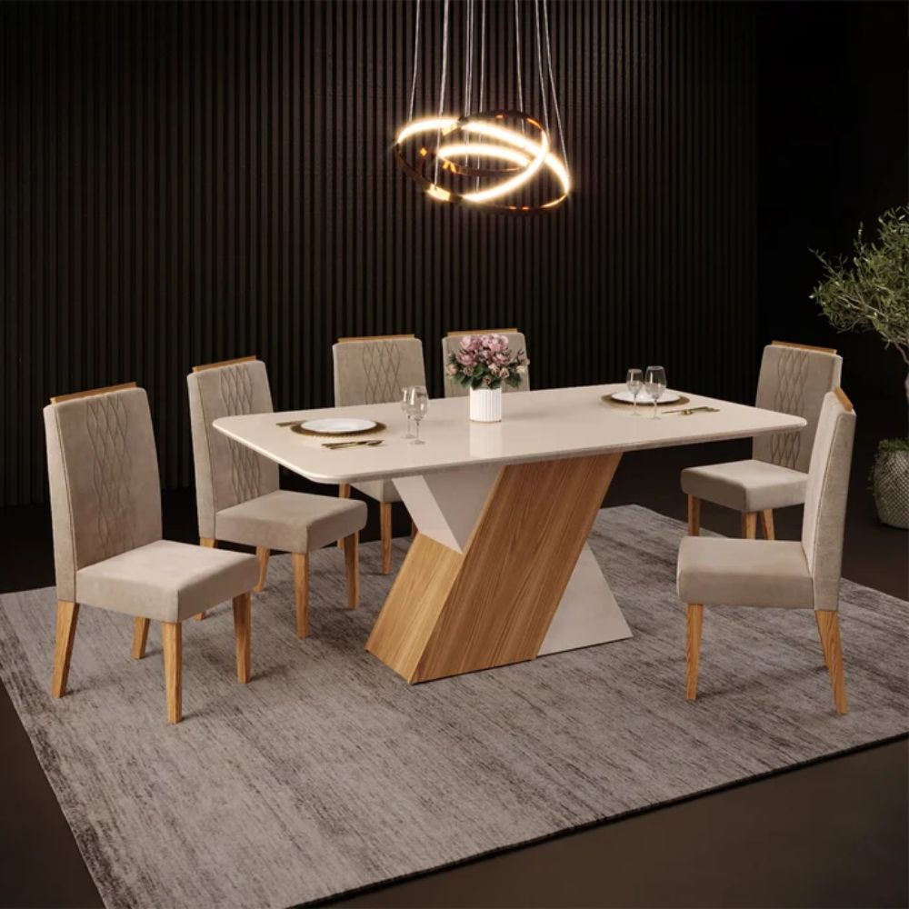 Mesa Dj Rubi Com vidro Nobre/off  Ccom 6 Cadeiras Lia Carv/veludo Kraft