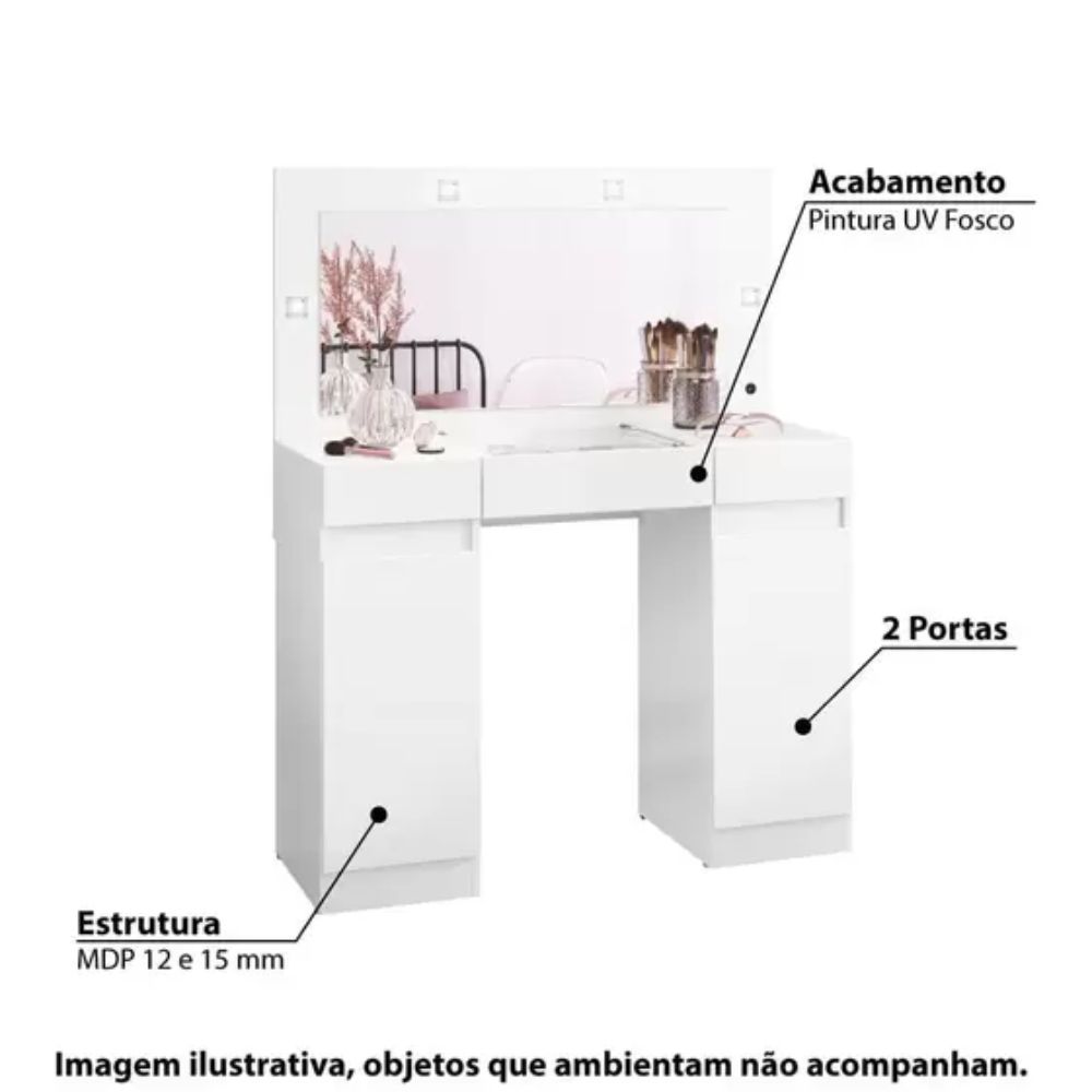 Penteadeira Camarim Studio com 3 Gavetas e 2 Portas Branco Albatroz Móveis
