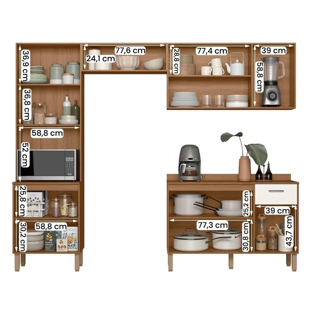 Cozinha Nicioli Paolla 4 Peças com Balcão Ipê/Off White