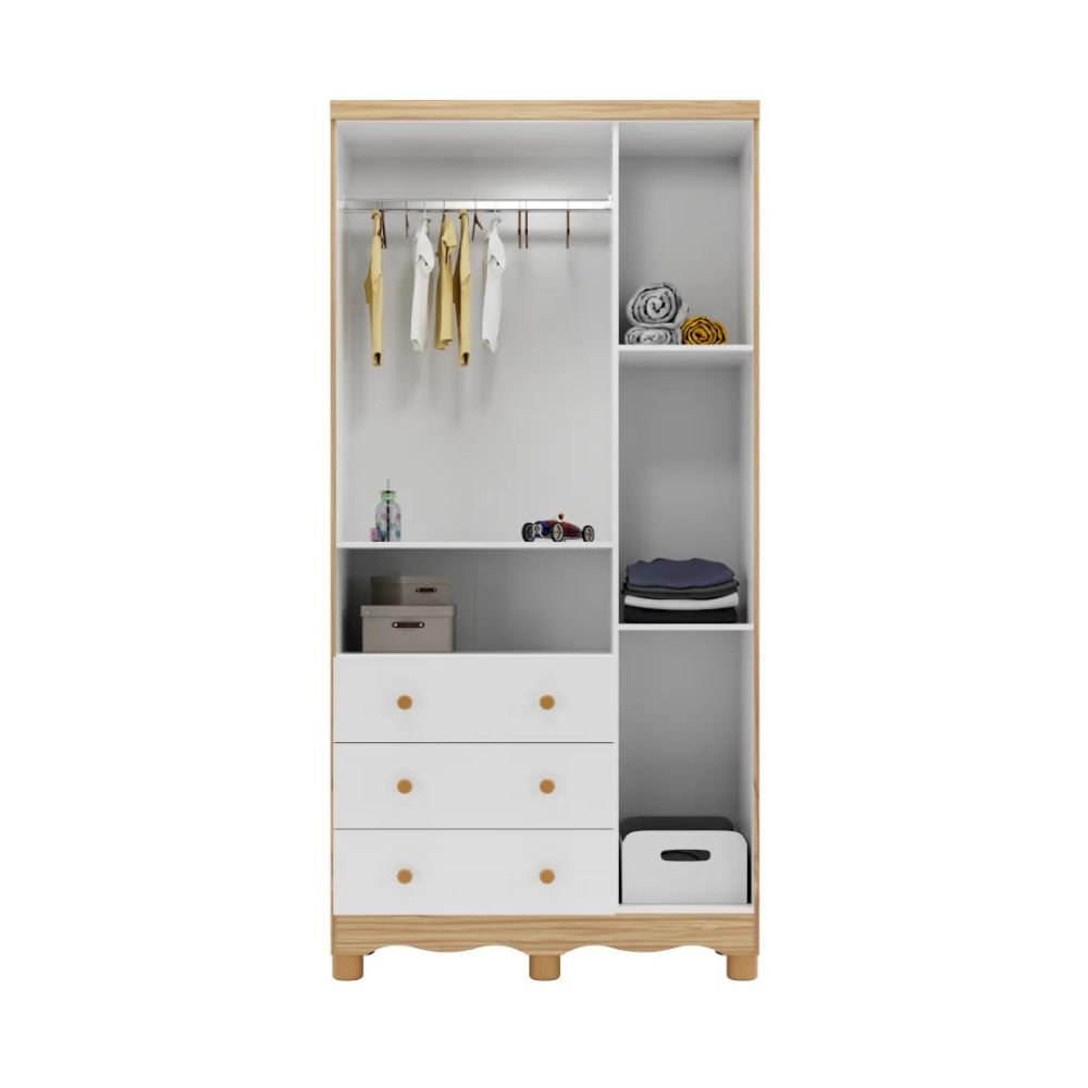 Guarda-Roupas Peroba Tedy 3 Portas e 3 Gavetas Branco/Amêndoa