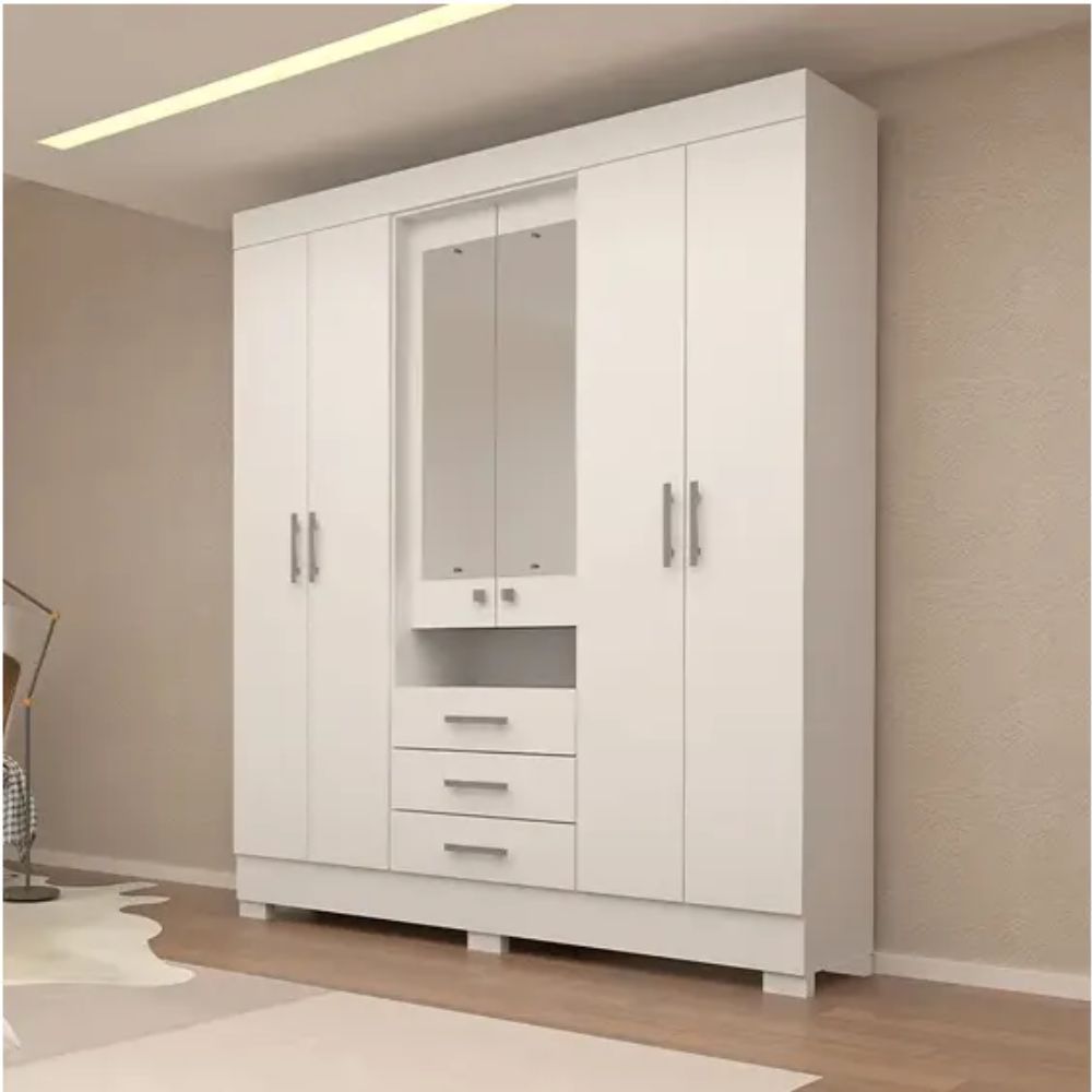 GUARDA ROUPA ACP DEBORA 6 PORTAS 3 GAVETAS CAPELINHA COM PE E ESPELHO BRANCO