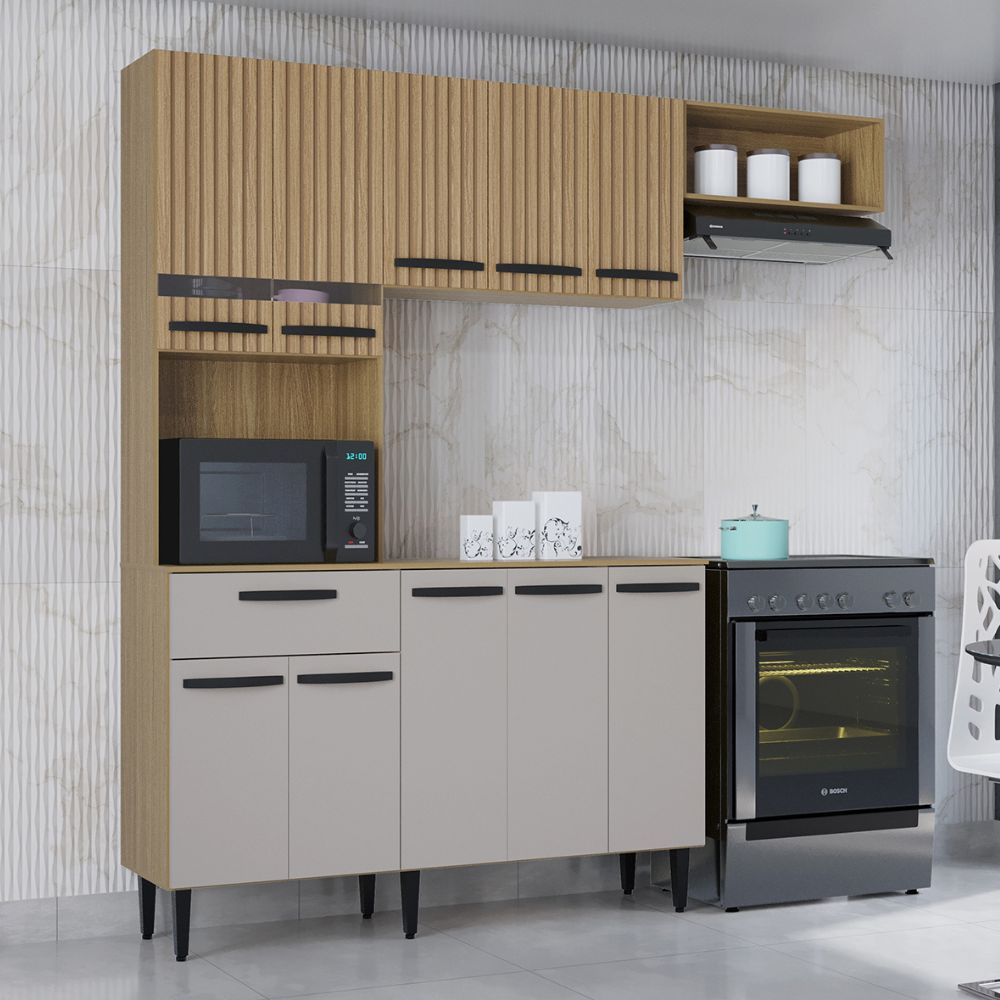 Cozinha Poquema Dora 10 Portas 1 Gaveta Damasco Ripado/Off White