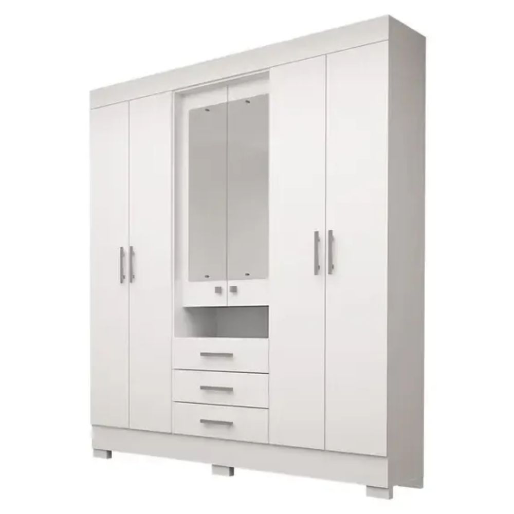 GUARDA ROUPA ACP DEBORA 6 PORTAS 3 GAVETAS CAPELINHA COM PE E ESPELHO BRANCO