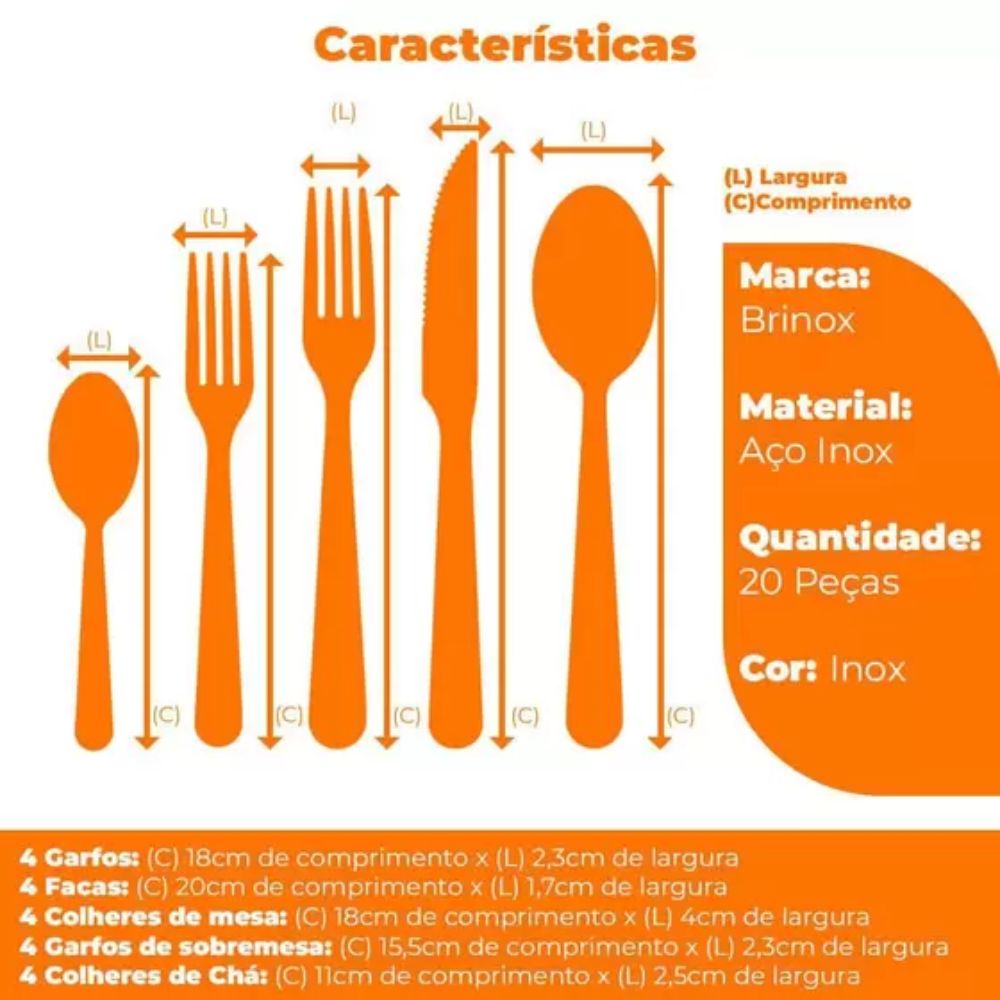 Faqueiro de Aço Inox Siena 20 peças Brinox 5109/455