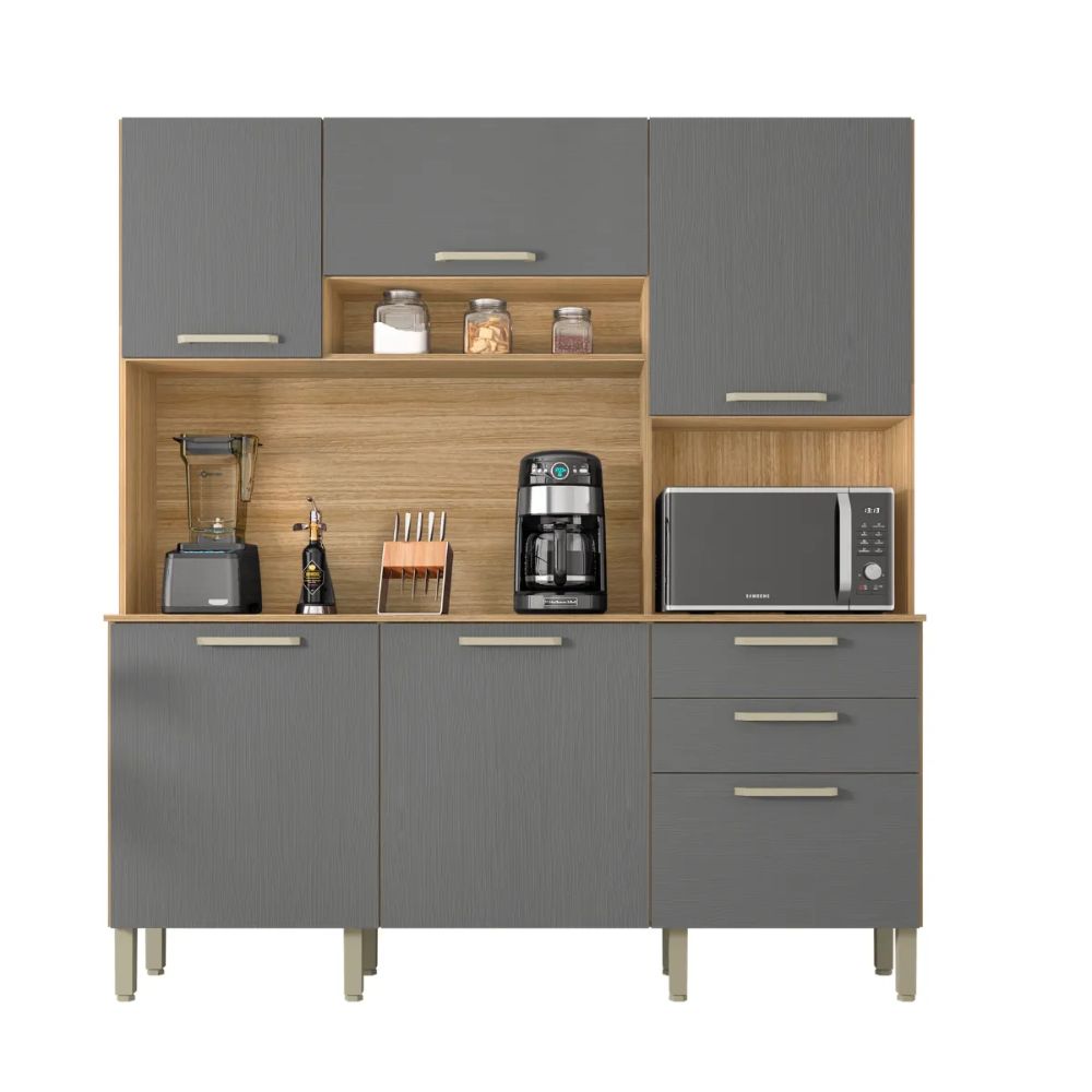Cozinha Compacta Ferrara 6 Portas 2 Gavetas Freijó/Gris
