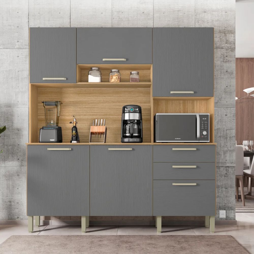 Cozinha Compacta Ferrara 6 Portas 2 Gavetas Freijó/Gris