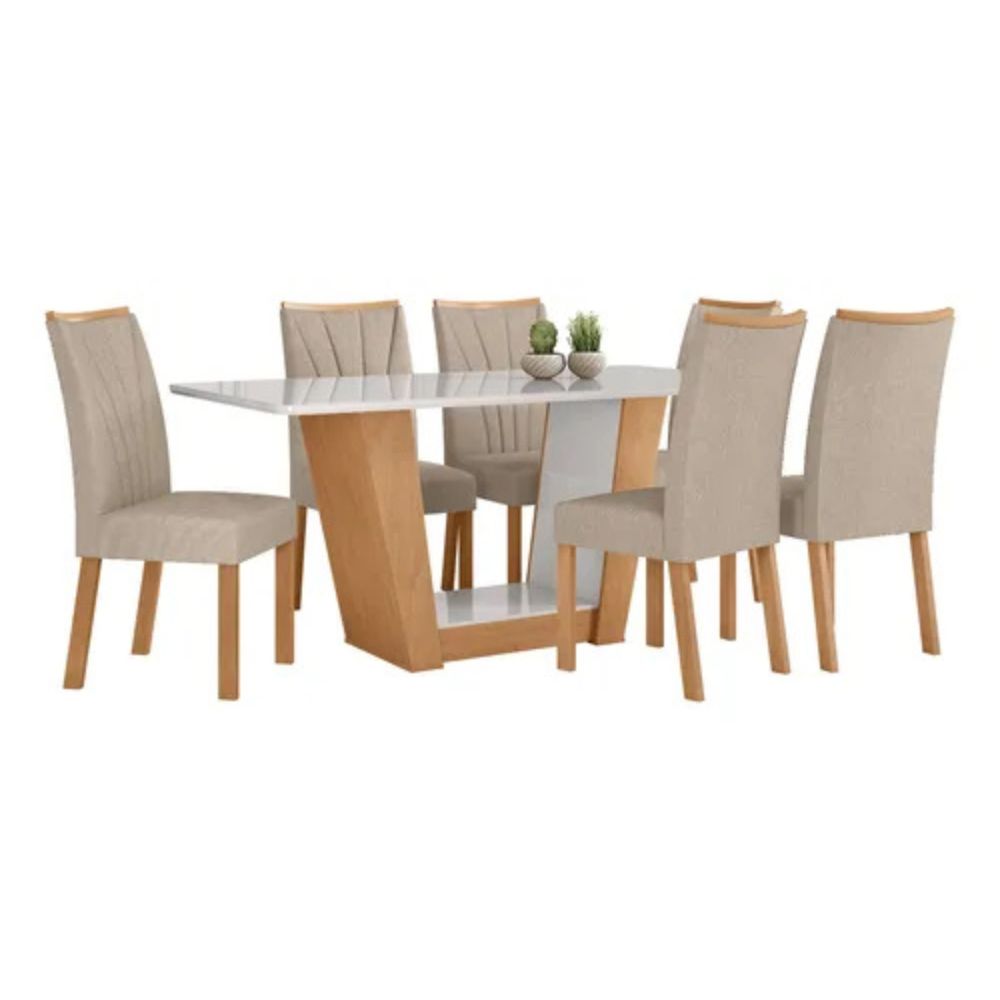 Mesa de Jantar Lopas Apogeu 1,70 6 Cadeiras Apogeu Amêndoa Clean/Off White