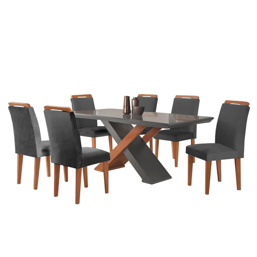 Mesa Rufato Imperatriz 180 com Tampo de Vidro e 6 Cadeiras Athenas Grafite/Imbuia