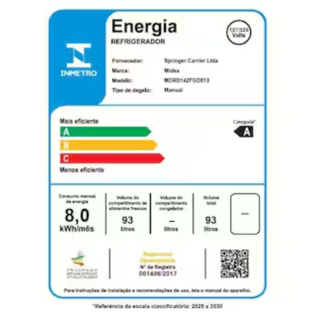 Frigobar Midea 93L Branco Inverter MDRD142FGD013