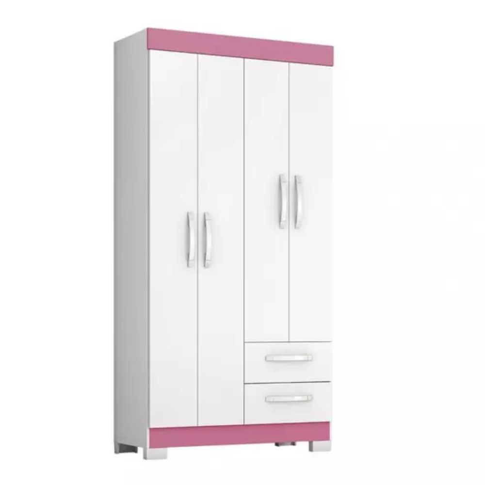 Guarda Roupa Solteiro 4 Portas 2 Gavetas Flex NT 6010 Notável Móveis Branco New/Rosa