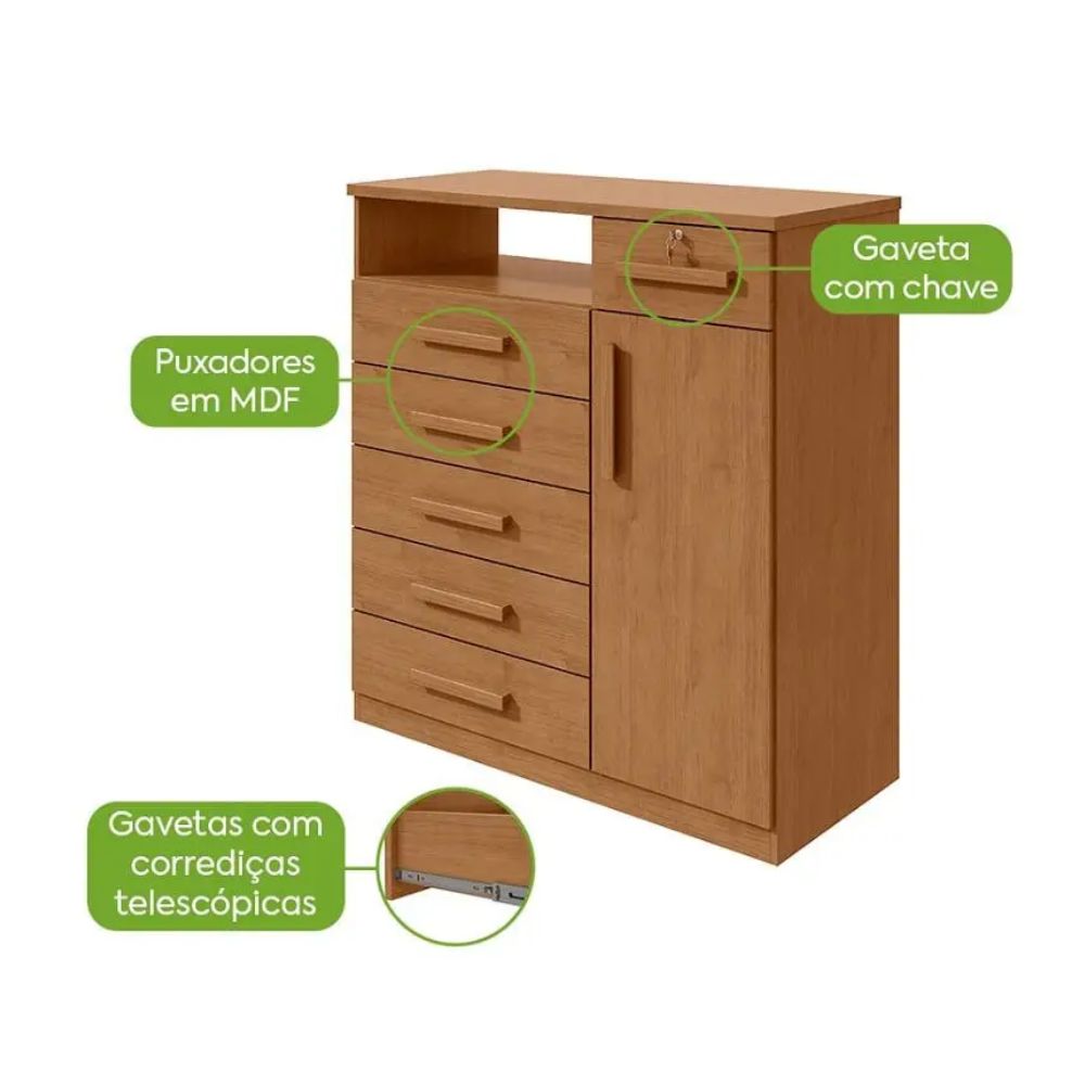 Cômoda Lopas Da Vinci 6 Gavetas 1 Porta Amêndoa Clean